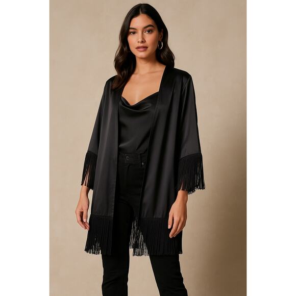 Forever 21 Accessories - Forever 21 Women’s Fringe Trim Satin Kimono Cardigan Black, New With Tags Size M